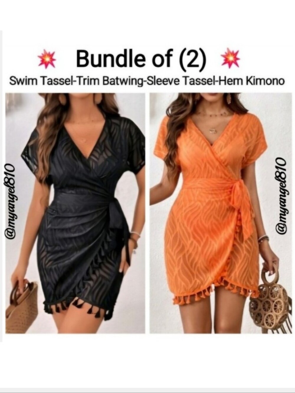Tassel-Trim Wrap Kimono Dress - Black & Orange Bundle (2) Size XL